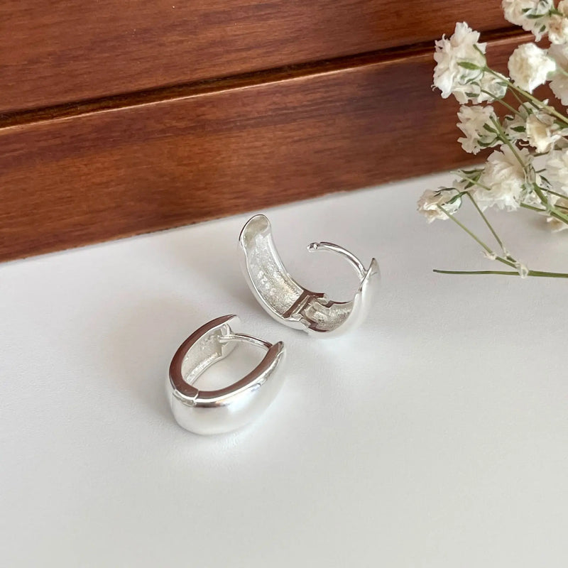 925 Silver Heavy Industry Oval Ear-Bone Piercing Hoop Earrings