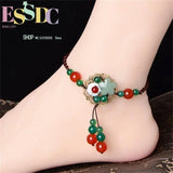 18K Natural Agate Aventurine Jade Anklet Hand-woven Floral Ladies Jewelry