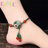 18K Natural Agate Aventurine Jade Anklet Hand-woven Floral Ladies Jewelry