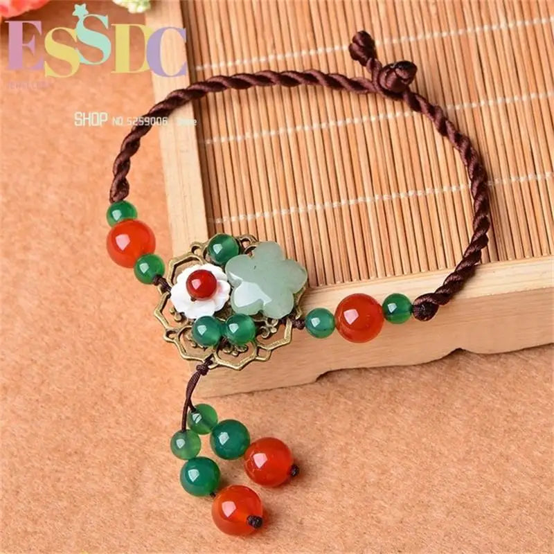 18K Natural Agate Aventurine Jade Anklet Hand-woven Floral Ladies Jewelry