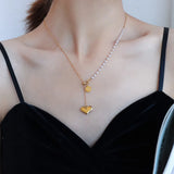 18K Pearl Pendant Tassel Y Necklace Stainless Steel Jewelry