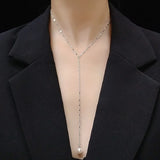 18K Pearl Pendant Tassel Y Necklace Stainless Steel Jewelry