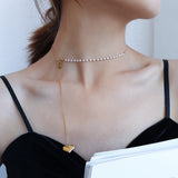 18K Pearl Pendant Tassel Y Necklace Stainless Steel Jewelry