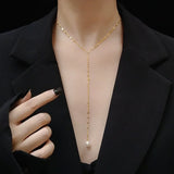 18K Pearl Pendant Tassel Y Necklace Stainless Steel Jewelry