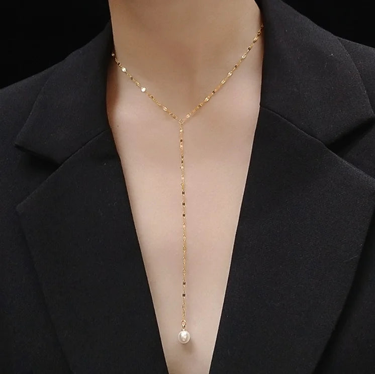 18K Pearl Pendant Tassel Y Necklace Stainless Steel Jewelry