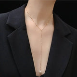18K Pearl Pendant Tassel Y Necklace Stainless Steel Jewelry