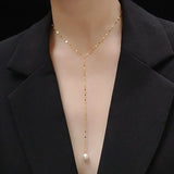 18K Pearl Pendant Tassel Y Necklace Stainless Steel Jewelry