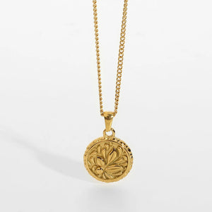 18K Plated Stainless Steel Flower Coin Pendant Necklace For Women