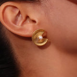 Bohemian Fan Shaped Pearl Stud Earrings