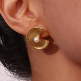 Bohemian Fan Shaped Pearl Stud Earrings
