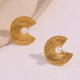 Bohemian Fan Shaped Pearl Stud Earrings