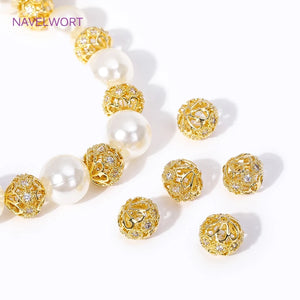 18K Plated Brass Zircon Round Beads Hollow Ball Spacer Beads