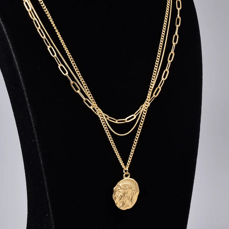 18K Plated Embossed Coin Pendant Necklace Three Layers Snake Bone Chain