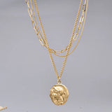 18K Plated Embossed Coin Pendant Necklace Three Layers Snake Bone Chain