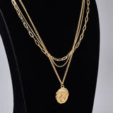 18K Plated Embossed Coin Pendant Necklace Three Layers Snake Bone Chain