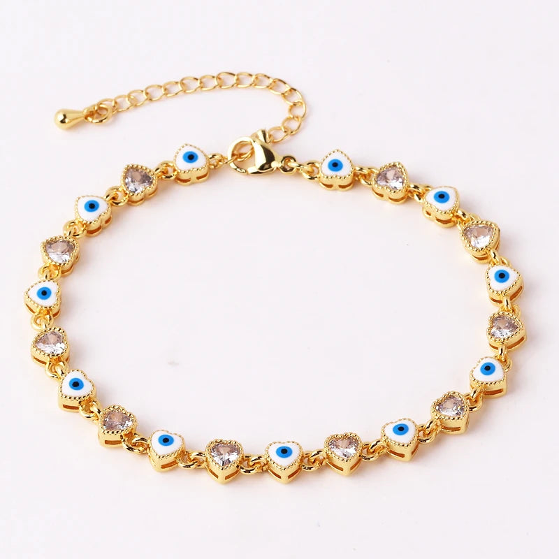 18K Plated Heart Evil Eye Charm Bracelet Women Boho Lucky Copper Chain