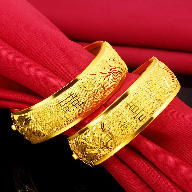18K Plated Wide Bracelet Bangle Retro Style Dragon Phoenix Bangles