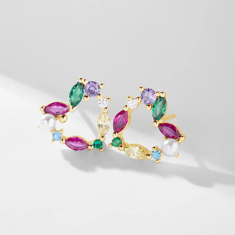 Rainbow Zircon Love Earring Silver Piercing Stud Wedding Jewelry