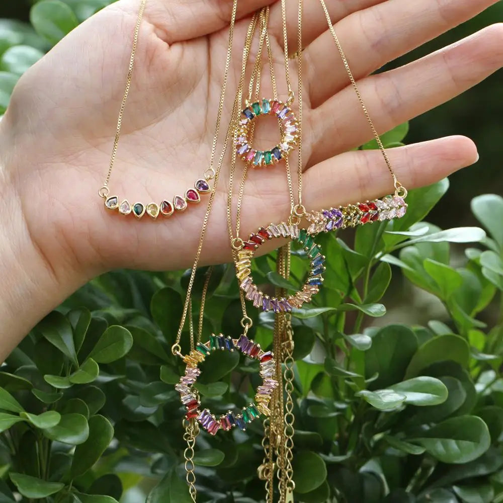 Rainbow CZ Geometric Pendant Necklace, 18K Plated, Wedding Jewelry