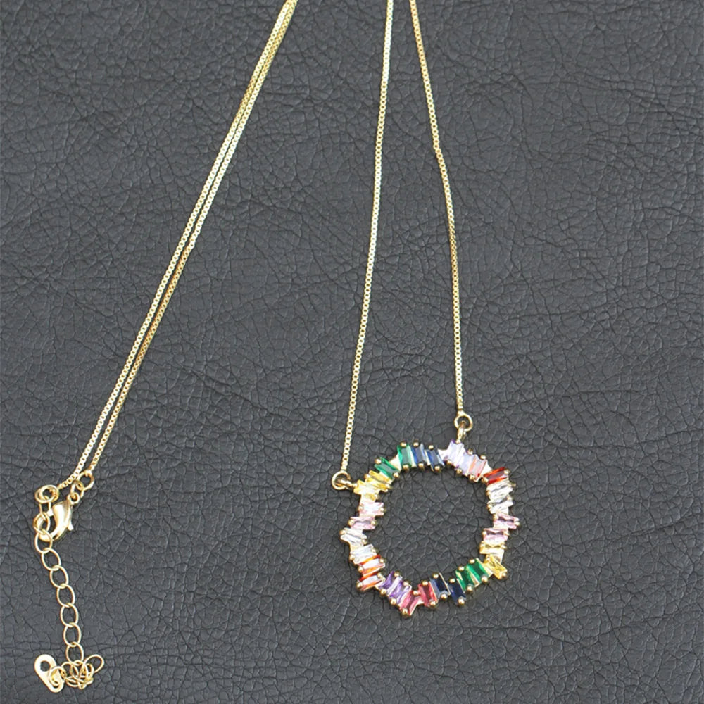 Rainbow CZ Geometric Pendant Necklace, 18K Plated, Wedding Jewelry