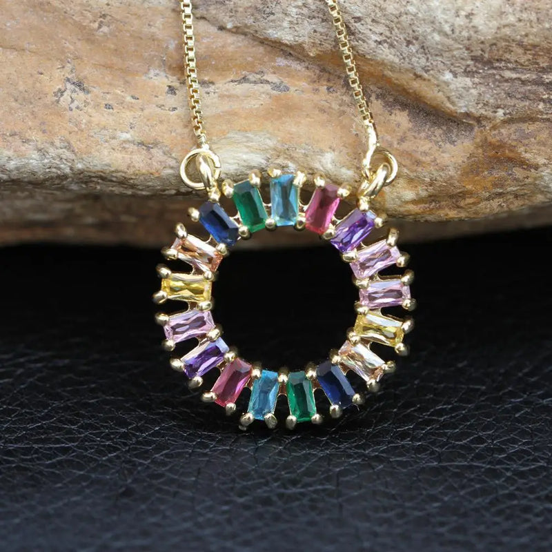 Rainbow CZ Geometric Pendant Necklace, 18K Plated, Wedding Jewelry