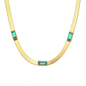 18K Plated CZ Herringbone Chain Choker Necklace Green Clear Zircon Short Chain