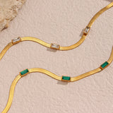 18K Plated CZ Herringbone Chain Choker Necklace Green Clear Zircon Short Chain