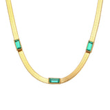 18K Plated CZ Herringbone Chain Choker Necklace Green Clear Zircon Short Chain