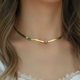 18K Plated CZ Herringbone Chain Choker Necklace Green Clear Zircon Short Chain