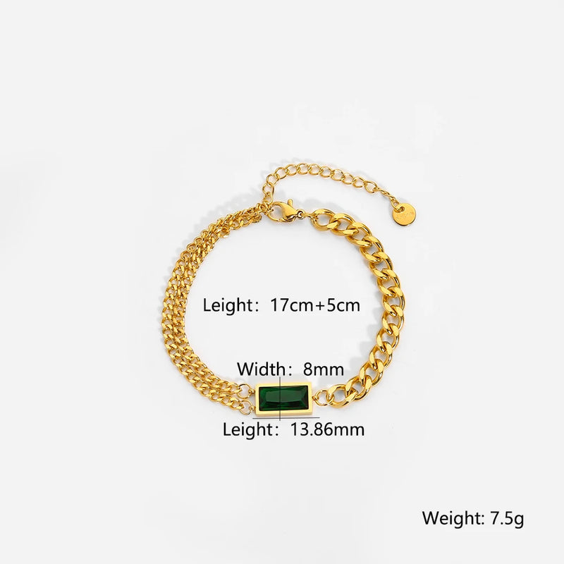 18K Plated Stainless Steel Cuban Chain Bracelet with Green Cubic Zircon