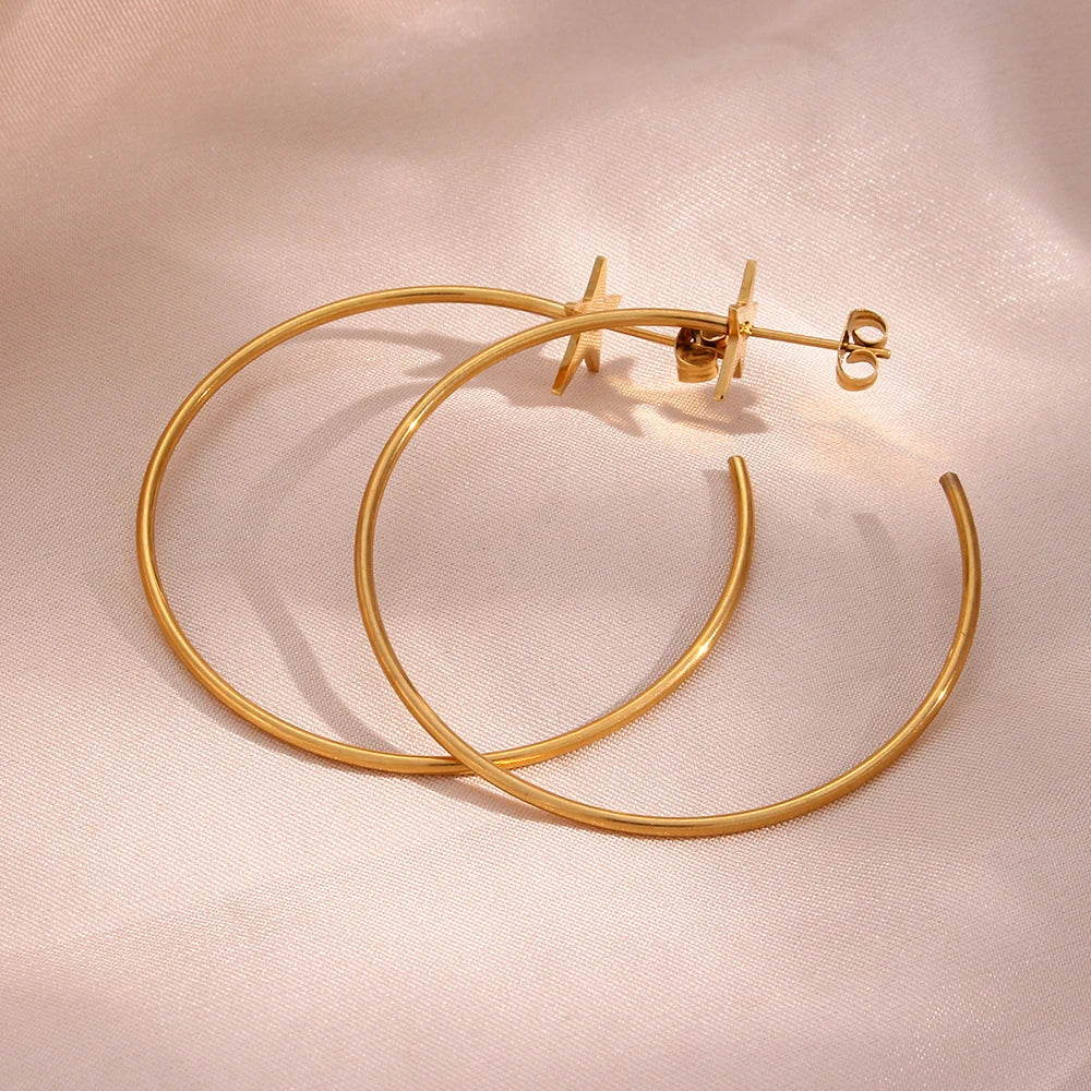 18K Plated Stainless Steel Large Star Hoop Earrings Hypoallergenic Pentagram