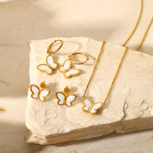18K Plated Shell Butterfly Hoop Huggie Earrings & Choker Set