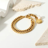 18K Plated Shell Pearl Bracelet Double Cuban Chain Chunky Party Jewelry
