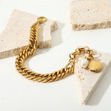 18K Plated Shell Pearl Bracelet Double Cuban Chain Chunky Party Jewelry