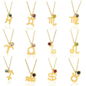 Zircon 12 Constellations Birthstone Necklace Stainless Steel Zodiac Sign