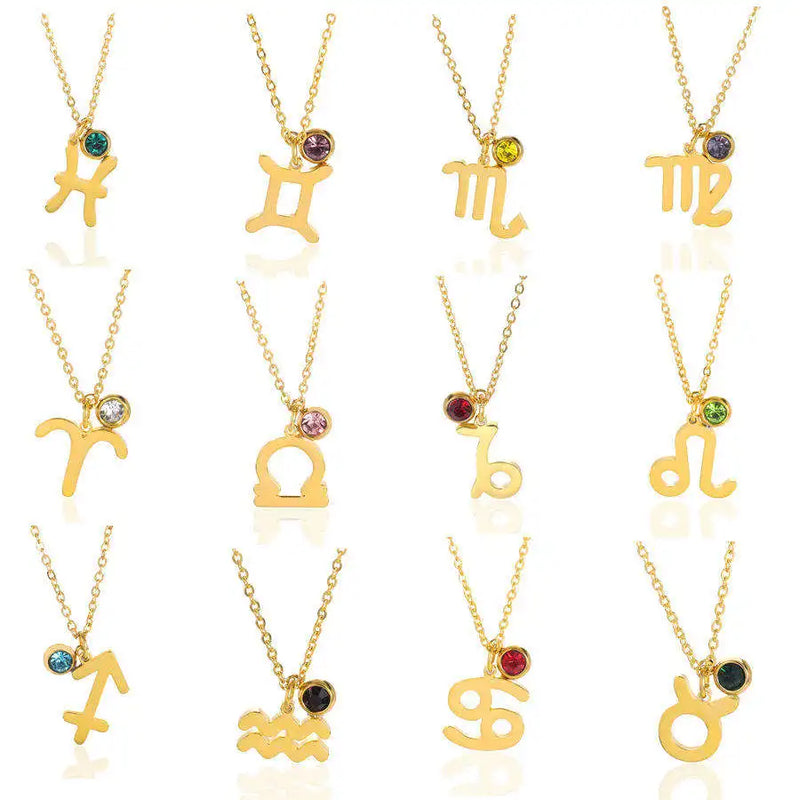 Zircon 12 Constellations Birthstone Necklace Stainless Steel Zodiac Sign