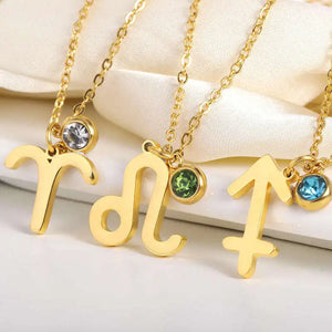Zircon 12 Constellations Birthstone Necklace Stainless Steel Zodiac Sign