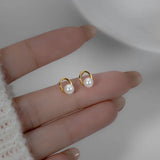 18K Plated Synthetic Pearl Oval Round Stud Earrings Women Jewelry