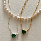 18K Plated 925 Silver Green Emerald Heart Pendant Choker Necklace