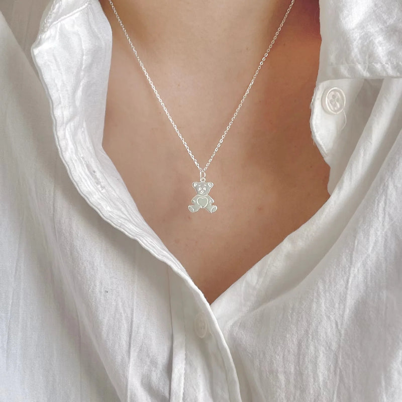 18K Plating 925 Sterling Silver Teddy Bear Pendant Choker Necklace