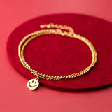 925 Silver Double Rows Smily Coin Chain Wrist Bracelet