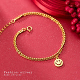 925 Silver Double Rows Smily Coin Chain Wrist Bracelet