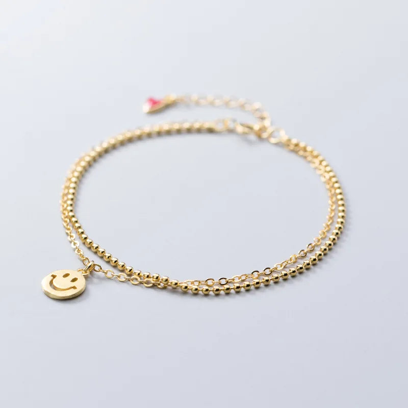 925 Silver Double Rows Smily Coin Chain Wrist Bracelet
