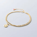 925 Silver Double Rows Smily Coin Chain Wrist Bracelet