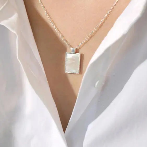 18K Plating Sterling Silver Clam Shell Square Geometric Pendant Necklace