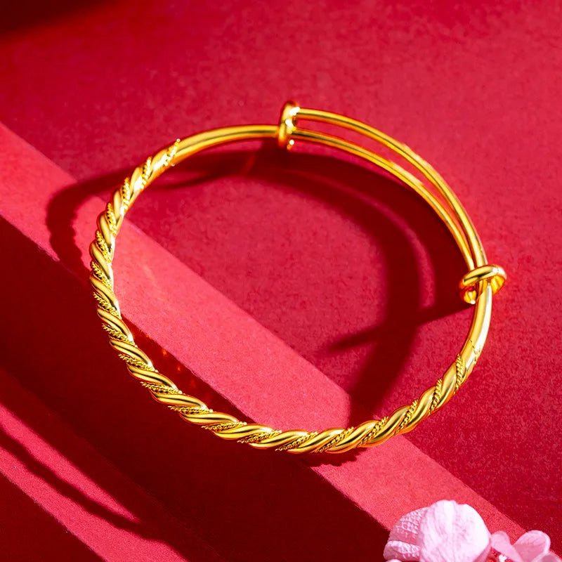 18K Pure Yellow Bangles 999 Adjustable Fried Dough Twist Women Jewelry