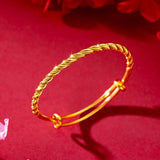 18K Pure Yellow Bangles 999 Adjustable Fried Dough Twist Women Jewelry