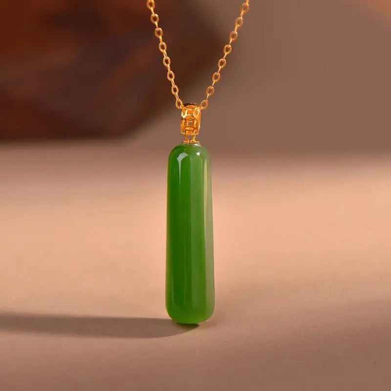18K Small Green Bar Hetian Jade Pendant Necklace