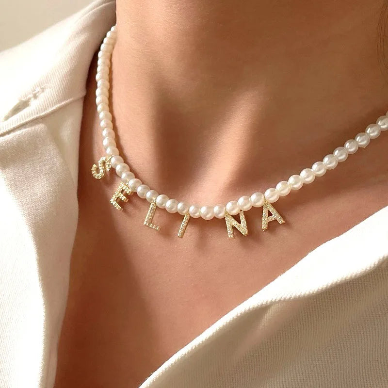 18K Personalized Name Pearl Necklace Chain Choker Jewelry