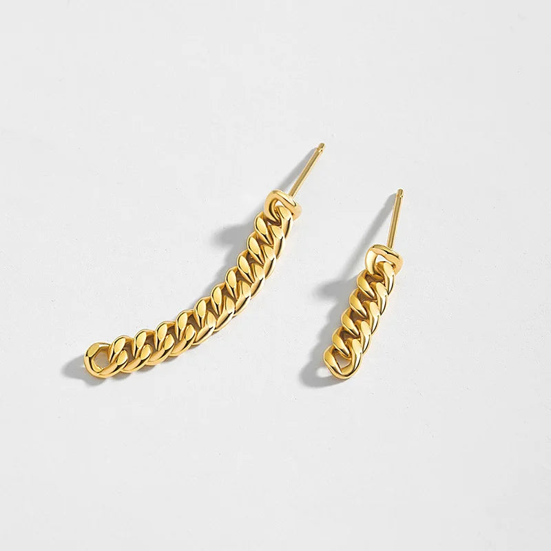 18K Asymmetry Earrings 925 Sterling Silver Cuban Chain Dangle Earrings